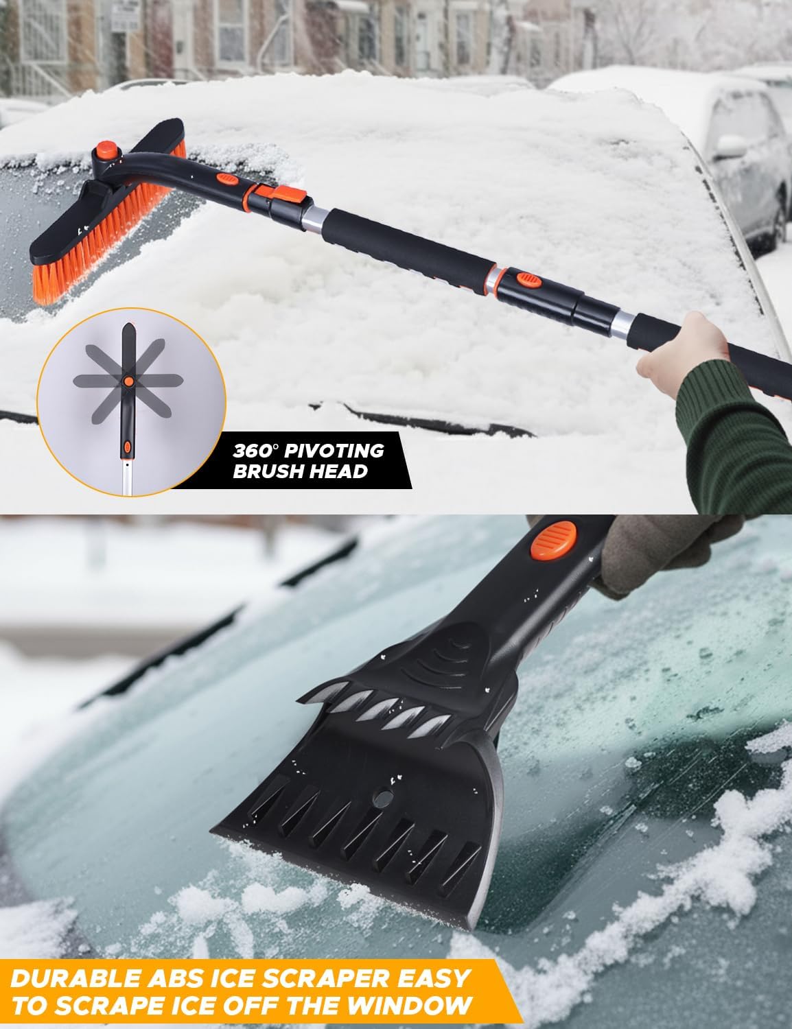 EcoNour 53″ 3 in 1 Extendable Snow Brush with Ice Scraper for Car Windshield | 360° Pivoting Long Snow Brush for SUV, Truck, and Car | Winter Car Accessories