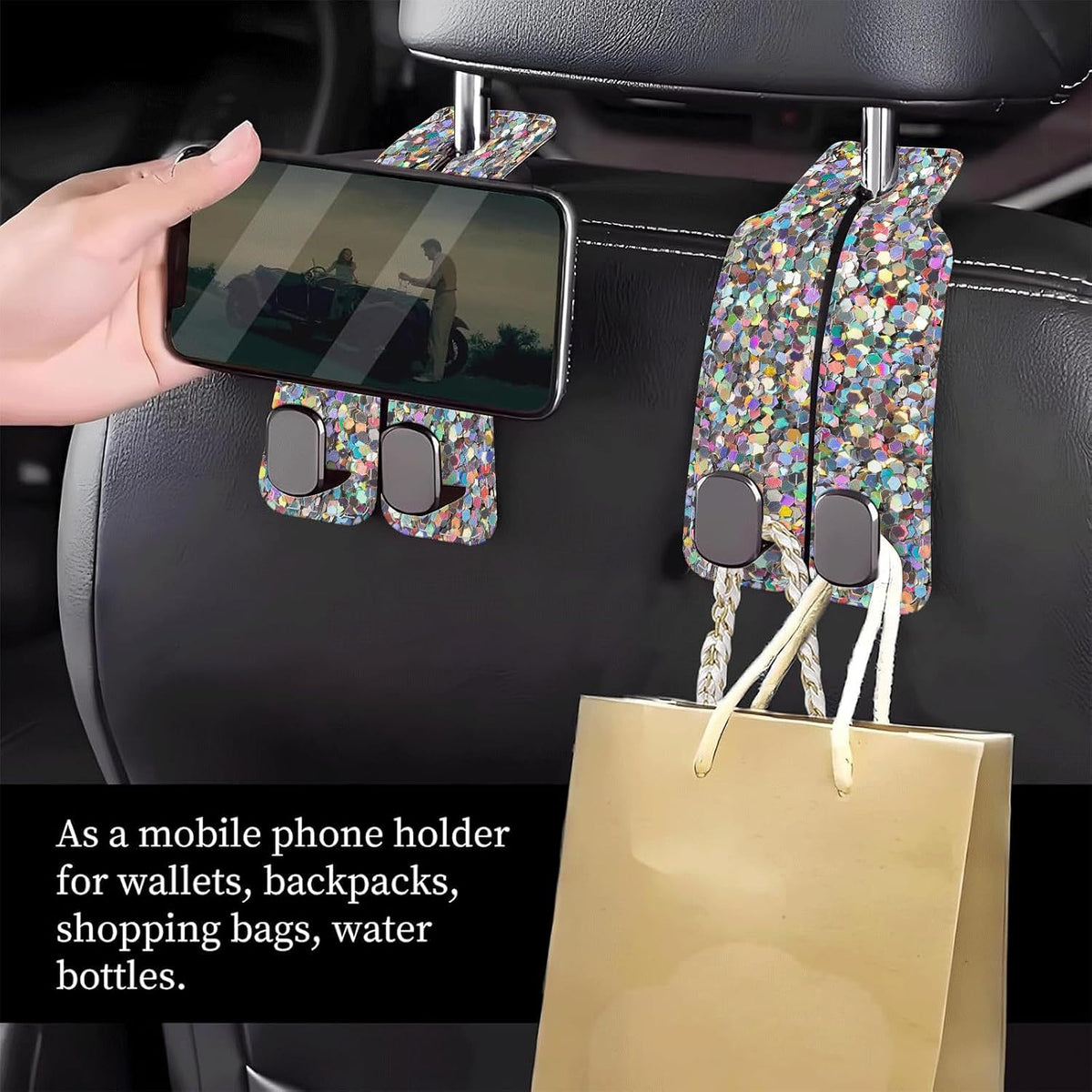 Car Seat Headrest Hook, Universal Leather Cute Hanger Holder Hook, Storage Organizer Interior Accessories for Purse Bags Handbag Glitter Colorful Pattern