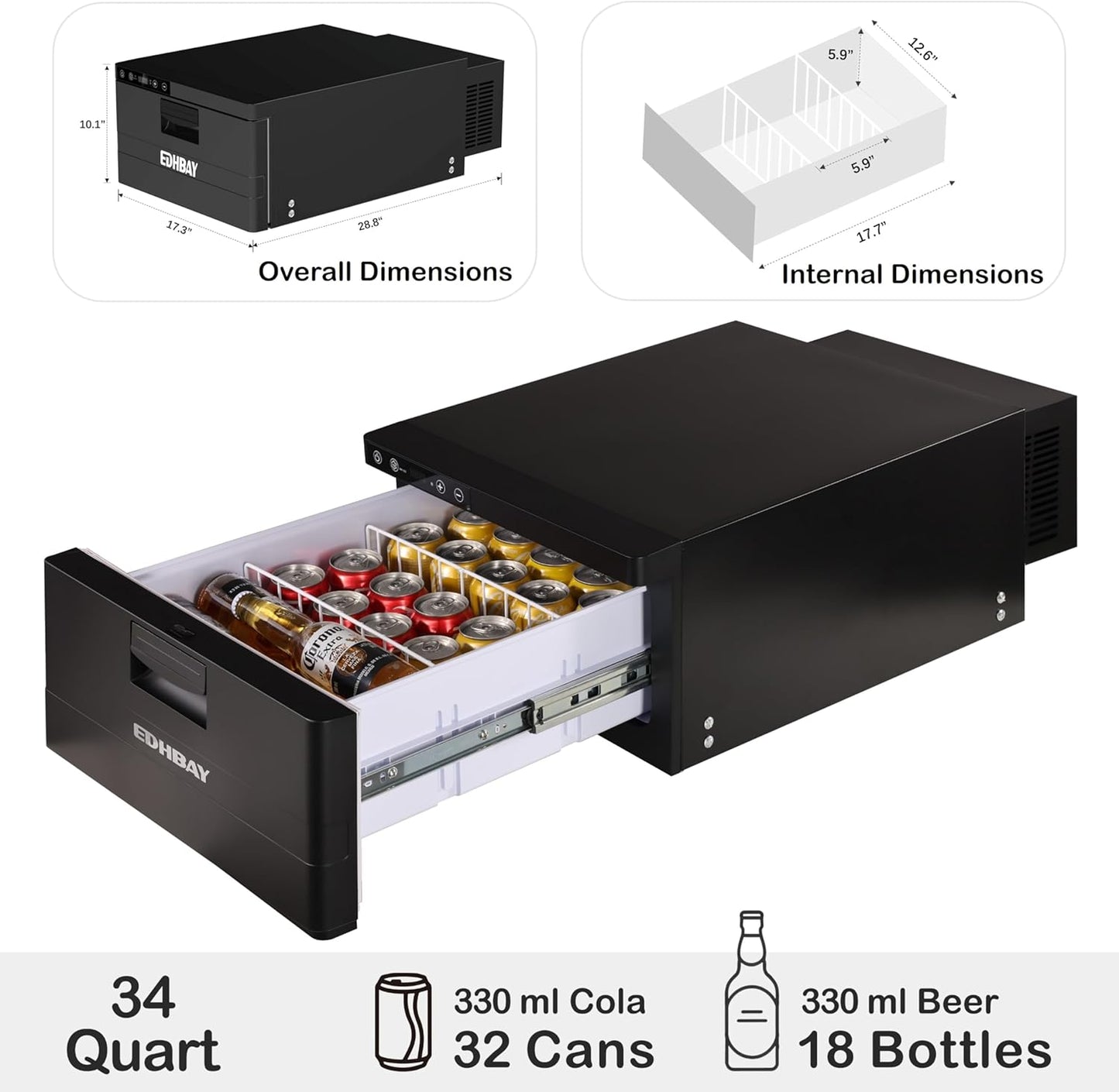 RV Car Protable Refrigerator 12V 24V 34 Quart 32L Drawer Freezer for Truck Van RV Camper SUV Boat Travel Camping Road Trips Tailgating -4℉~50℉