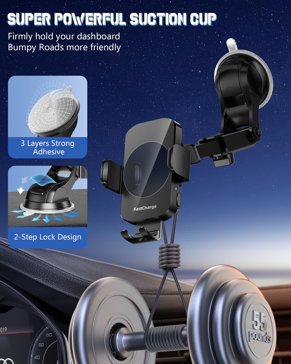 BothLin 3-in-1 Wireless Car Charger Mount, 15W Fast Charging Auto-Clamping Phone Holder for iPhone 17 16 15 14, Samsung Galaxy S24 S23, Dashboard, Vent & Windshield Car Mount