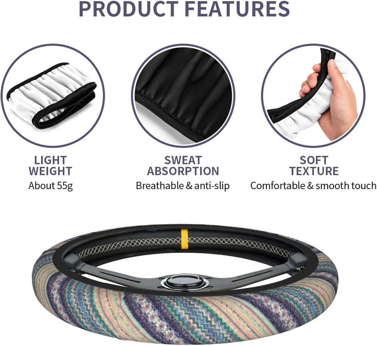Boho Steering Wheel Cover for Women with 2pcs Car Coasters 15 Inch Universal Non-Slip Car Accessories Compatible with Cars Trucks SUVs