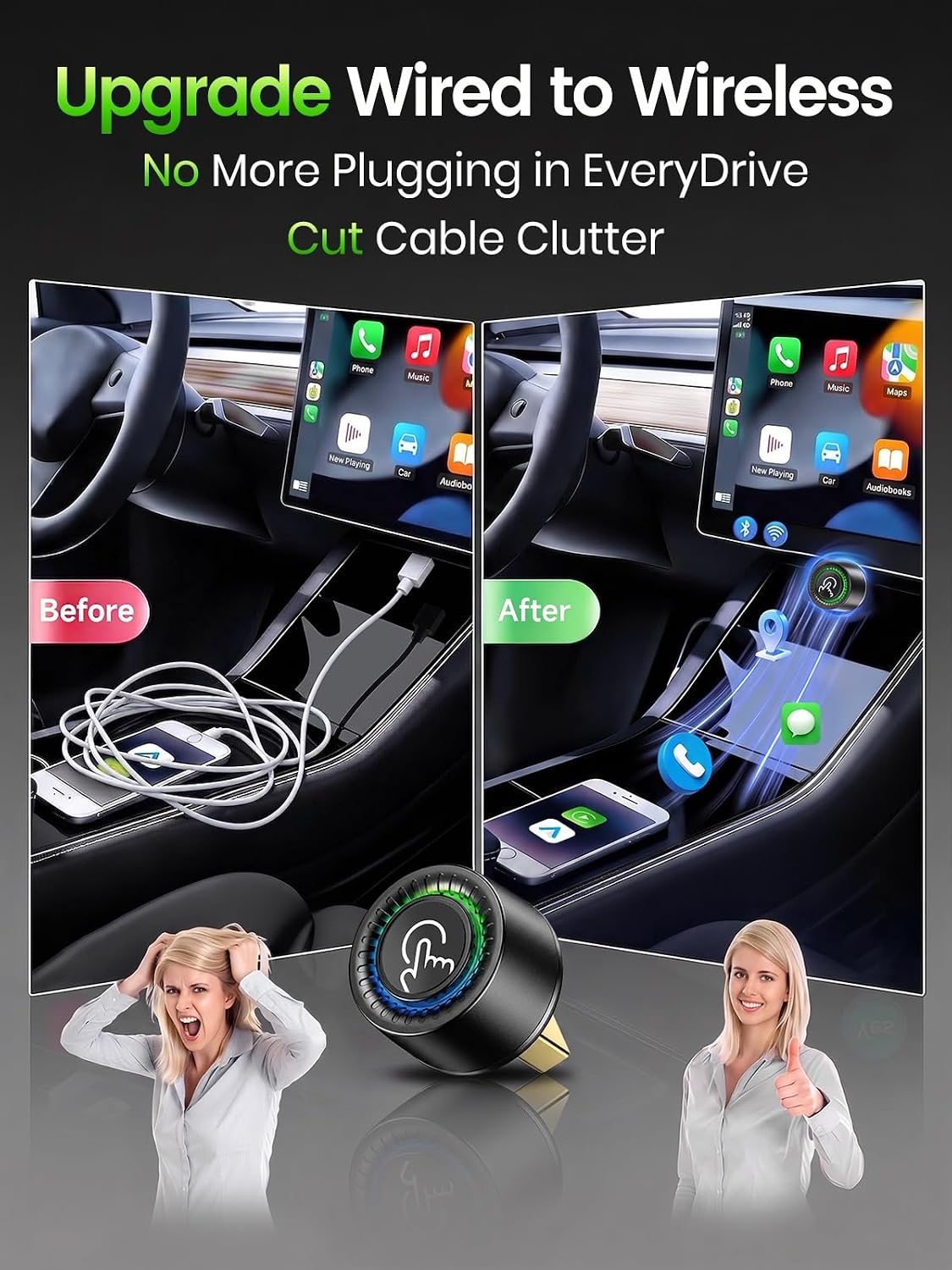 Wireless CarPlay Adapter for iPhone & Android Auto - Wired to Wireless Gray