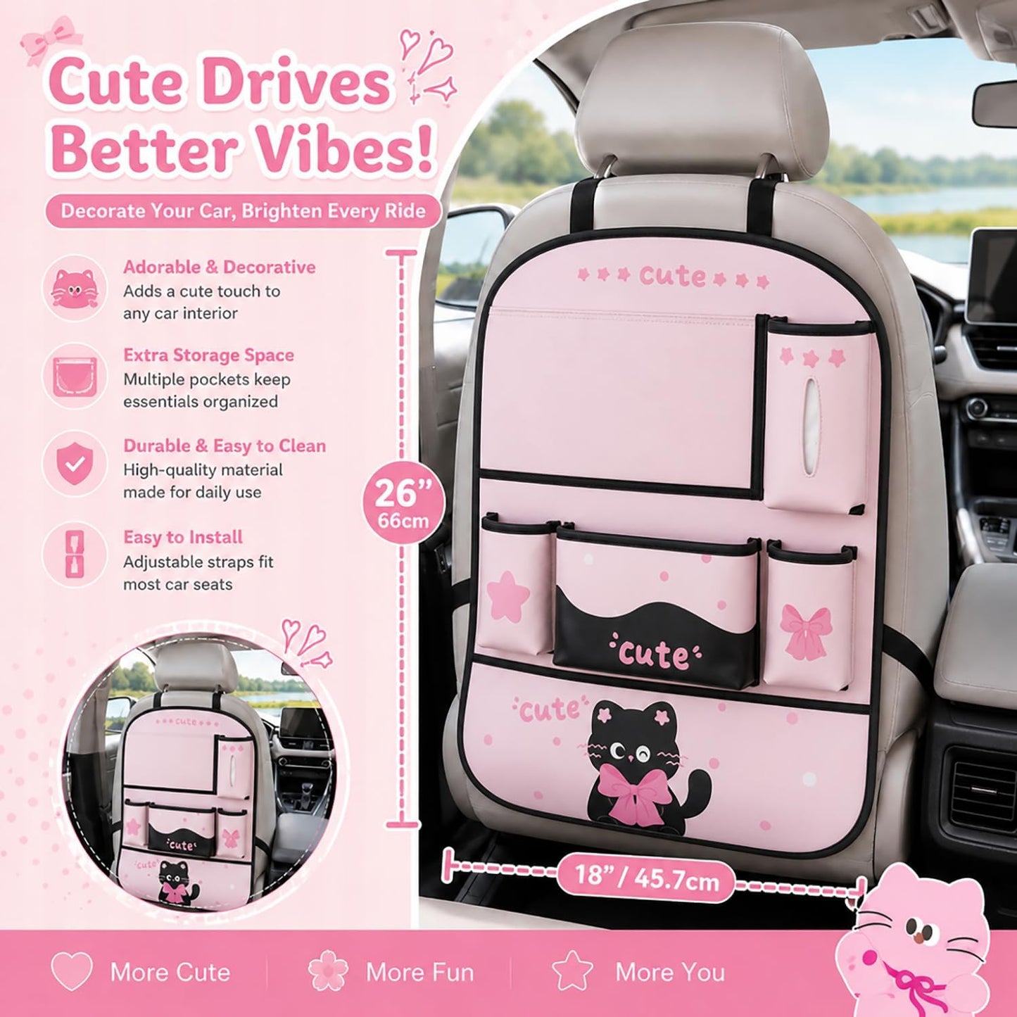 YUNZLAN Pink Black Backseat Car Organizer, Leather Kick Mats Back Seat Protector Organizer with Touch Screen Tablet Holder for Kids Travel Accessories