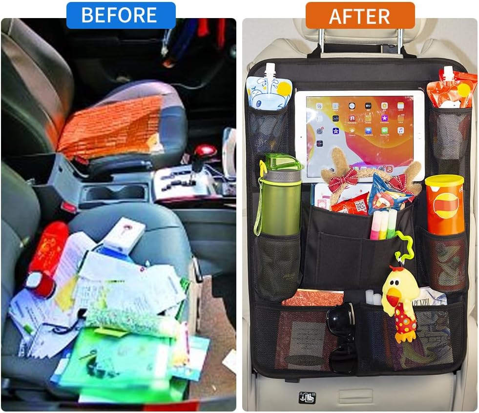 Car Backseat Organizer with 10" Tablet Holder, Seat Back Protectors Kick Mats for Kids Toddlers, Large Storage Pockets Travel Accessories for SUV Minivan Airplan 2 Pack