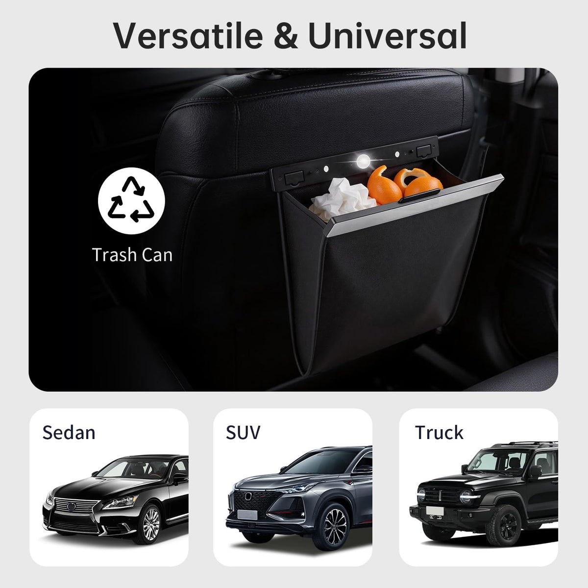 Leather Car Trash Can with Smart LED Light & Magnetic Closure