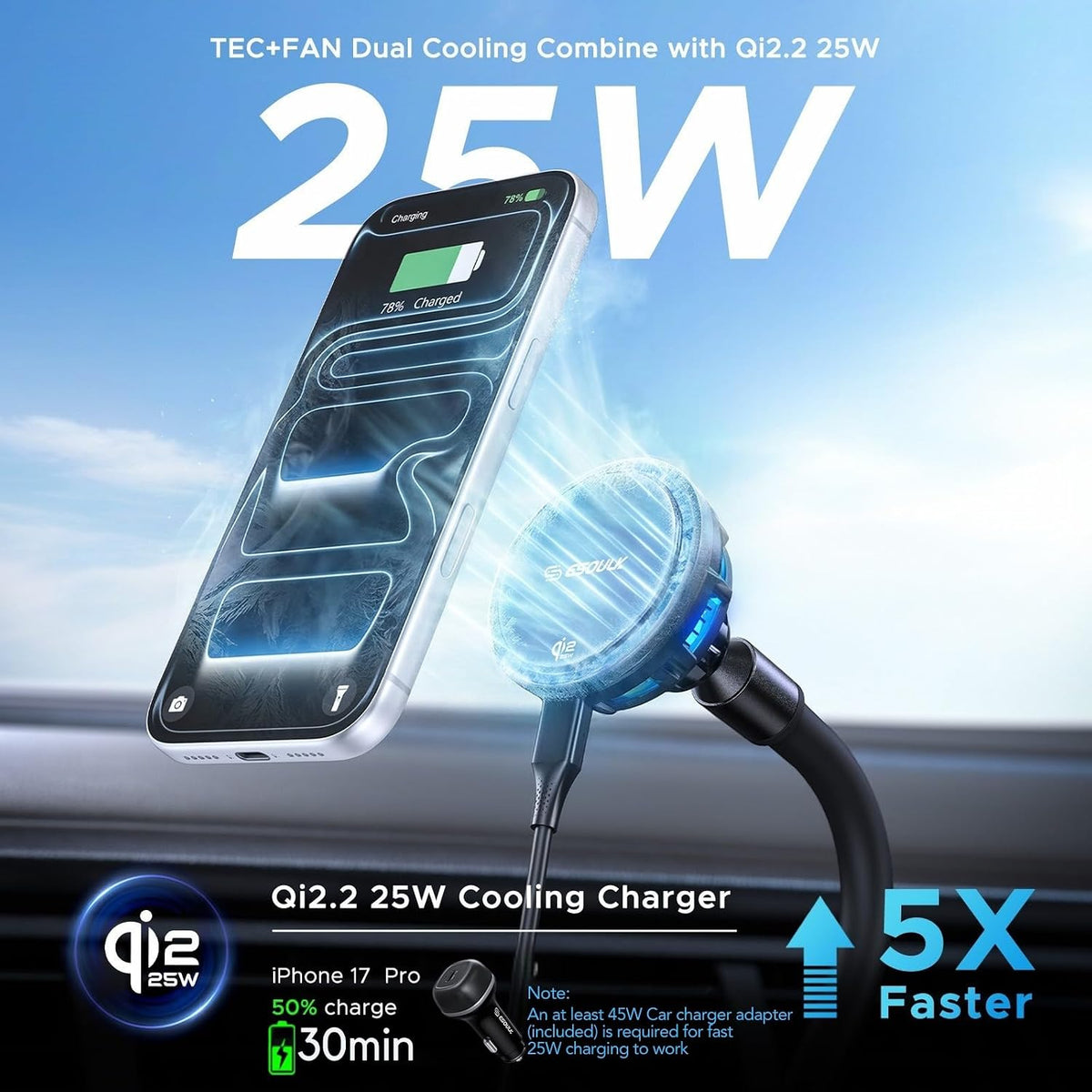 Qi2 25W Cooling Wireless Charger 15 Inch Cup Holder Phone Mount