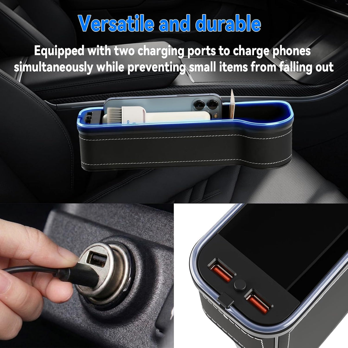 2 Pack Car Gap Filler Organizer with Charger Upgrade LED Seat Gap Organizer Box with Cup Holder Card Slot Larger Storage Space Reducing Item Loss