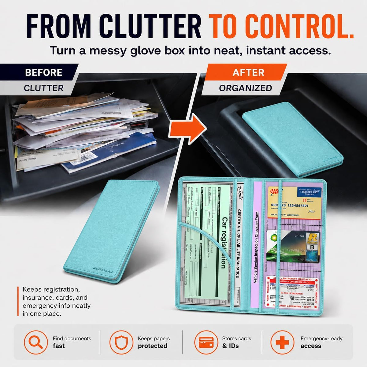 Car Document Holder, Mist Blue Premium PU Leather Glove Box Card Folder