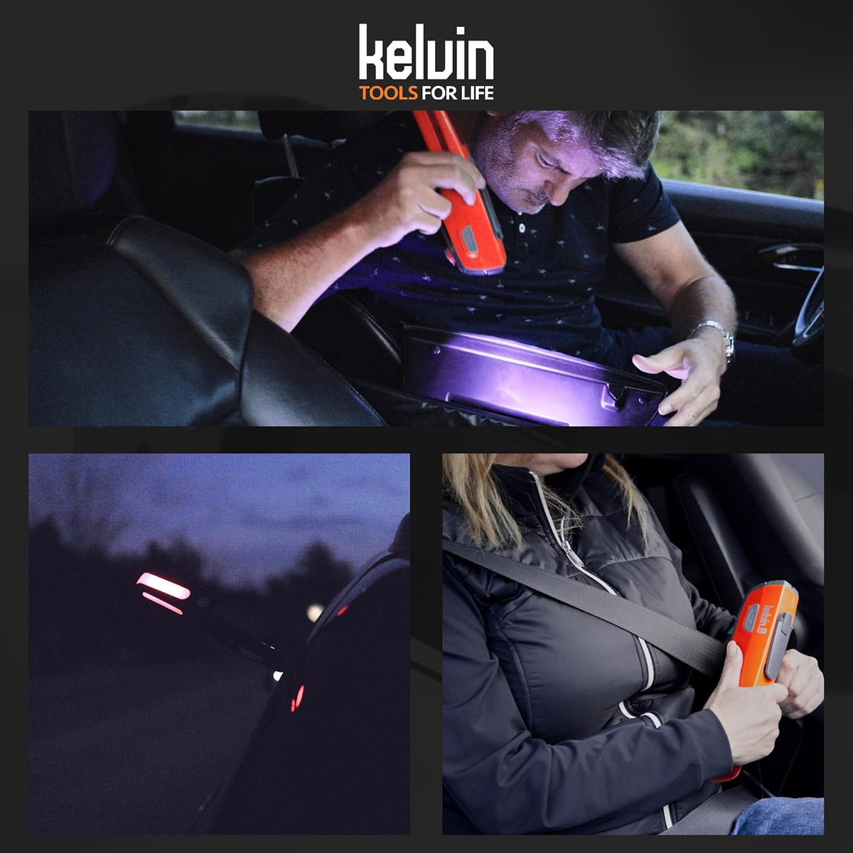KELVIN 8 Automotive Emergency Tool 8: Power Generator with USB Powerbank, Razor Sharp Seat Belt Cutter, Car Flashlight Emergency Kit, Safety Window Hammer, & 100 db Emergency Siren - Orange