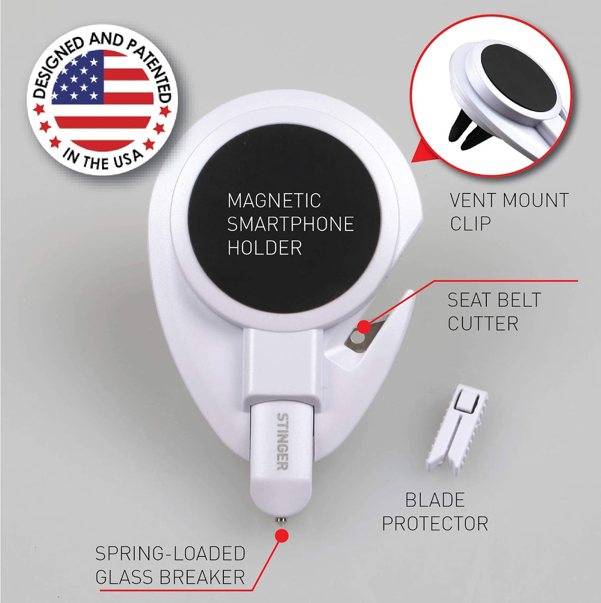 Ztylus Stinger Car Emergency Escape Tool, Life-Saving Vehicle Rescue, Magnetic Vent Mount Phone Holder, Spring Loaded Window Breaker Punch, Seat belt Cutter, Designed in USA (White)