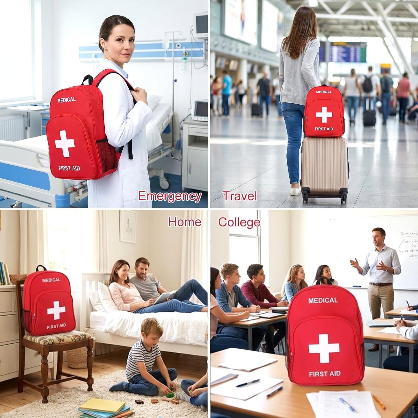 First Aid Bag Emergency Medical Kit Backpack, 40x30x15cm (15.7x11.8x5.9in) Oxford Fabric, Lightweight Portable for Outdoor Camping Hiking Travel Home Car Workplace Survival