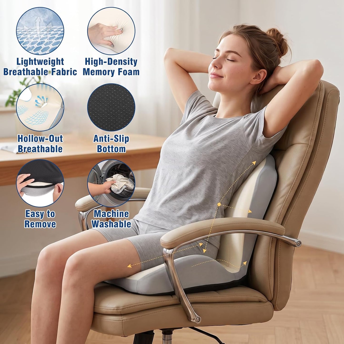 Car Seat Cushion with Lumbar Support Pillow, Memory Foam Office Chair Cushion for Back Pain Sciatica Pain Relief, Ergonomic L-Shaped Seat Cushion for Car Truck Driving Office Chair Home (White Gray)