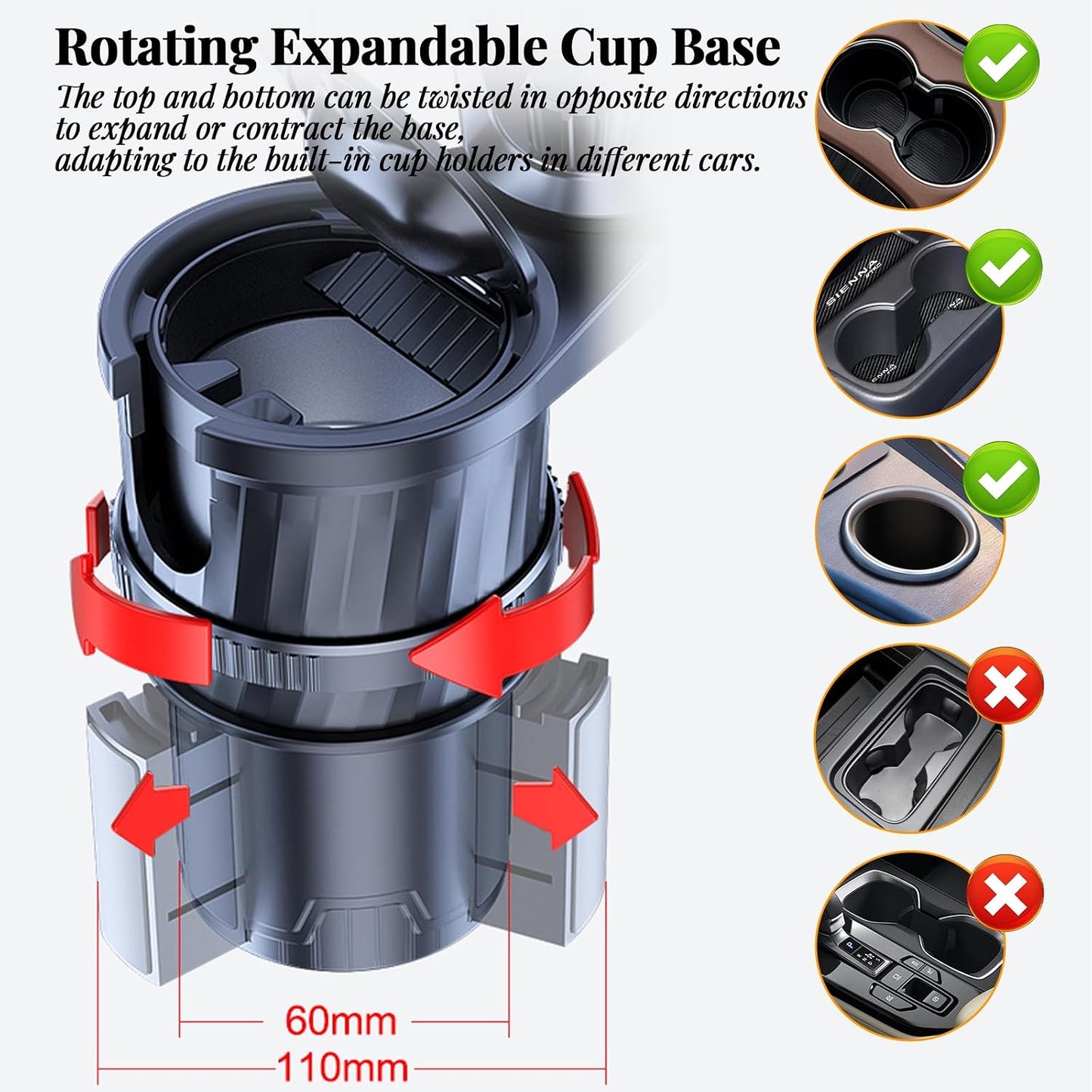 4-in-1 Car Cup Holder with Ash Tray - Adjustable Width, Rotating Base & Lock, Fits 6-10cm Car Slots, Holds Drinks, Fast Food, Bubble Tea (ABS & Zinc Steel)