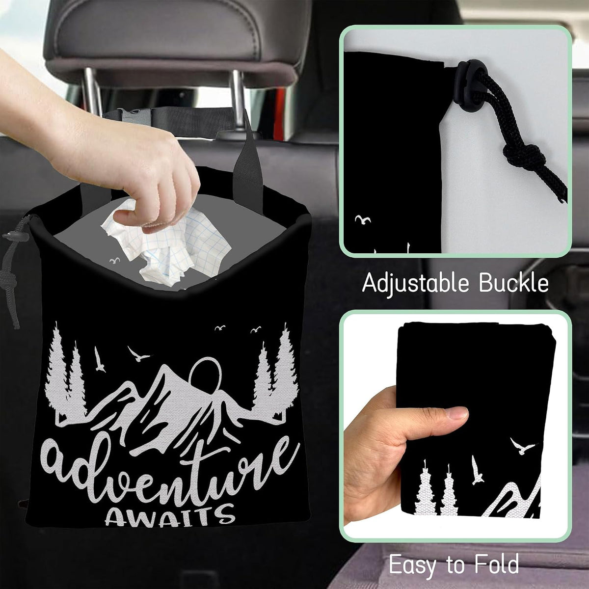 Adventure Awaits Car Garbage Bag,Nature Mountain Waterproof Small Car Trash Bag Hanging Back of Seat,Drawstring Hanging Car Trash Bag with Adjustable Buckle for Car Accessories
