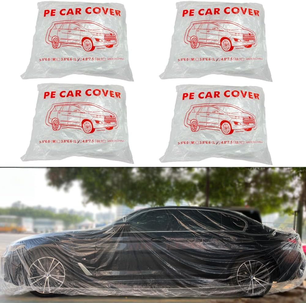 4 Packs Disposable Car Cover Clear Plastic Car Cover Universal Rain Dust Garage Cover with Elastic Band Medium (12.4 FT x 21.6 FT)