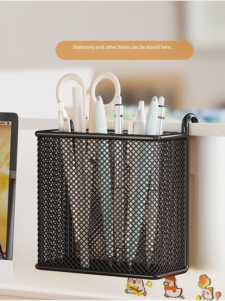 Hanging Pen Holder with Hook Storage Box - Wall-Mountable Desk Organizer for Office Desktop, Partition Screen, Workstation & Bedroom Side Storage (black)