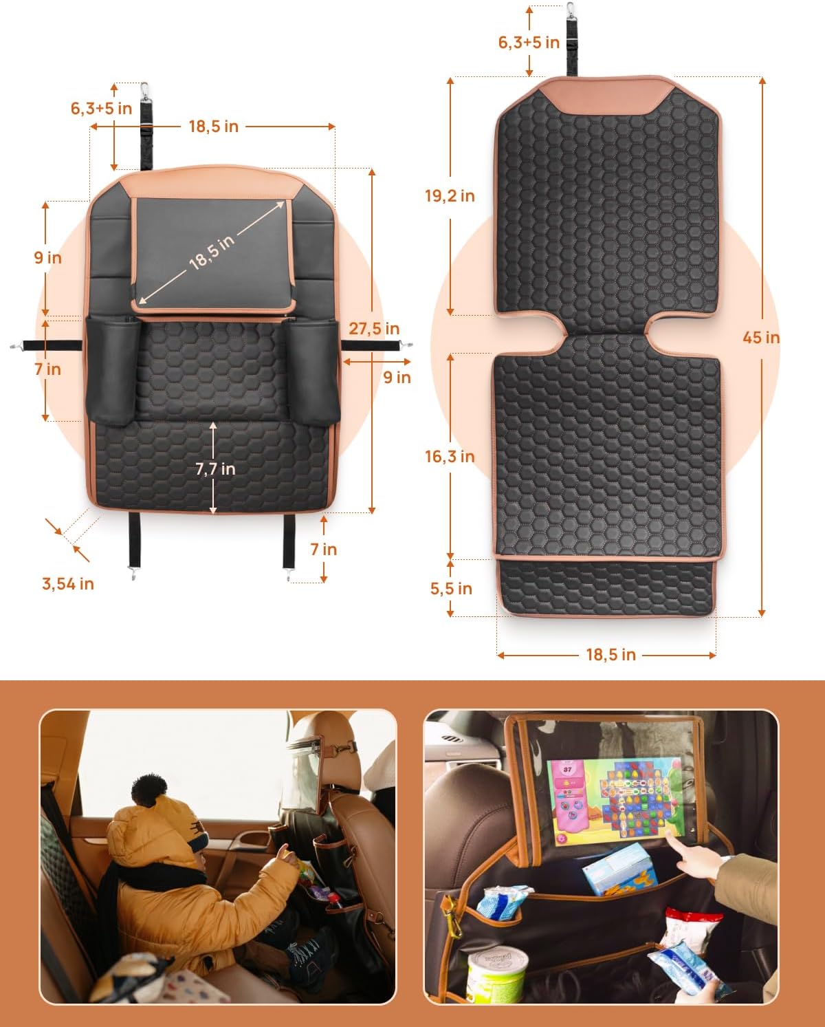Owleys Over the Car Seat Organizer and Kick Mat Set, 2 Pc, Black/Tan
