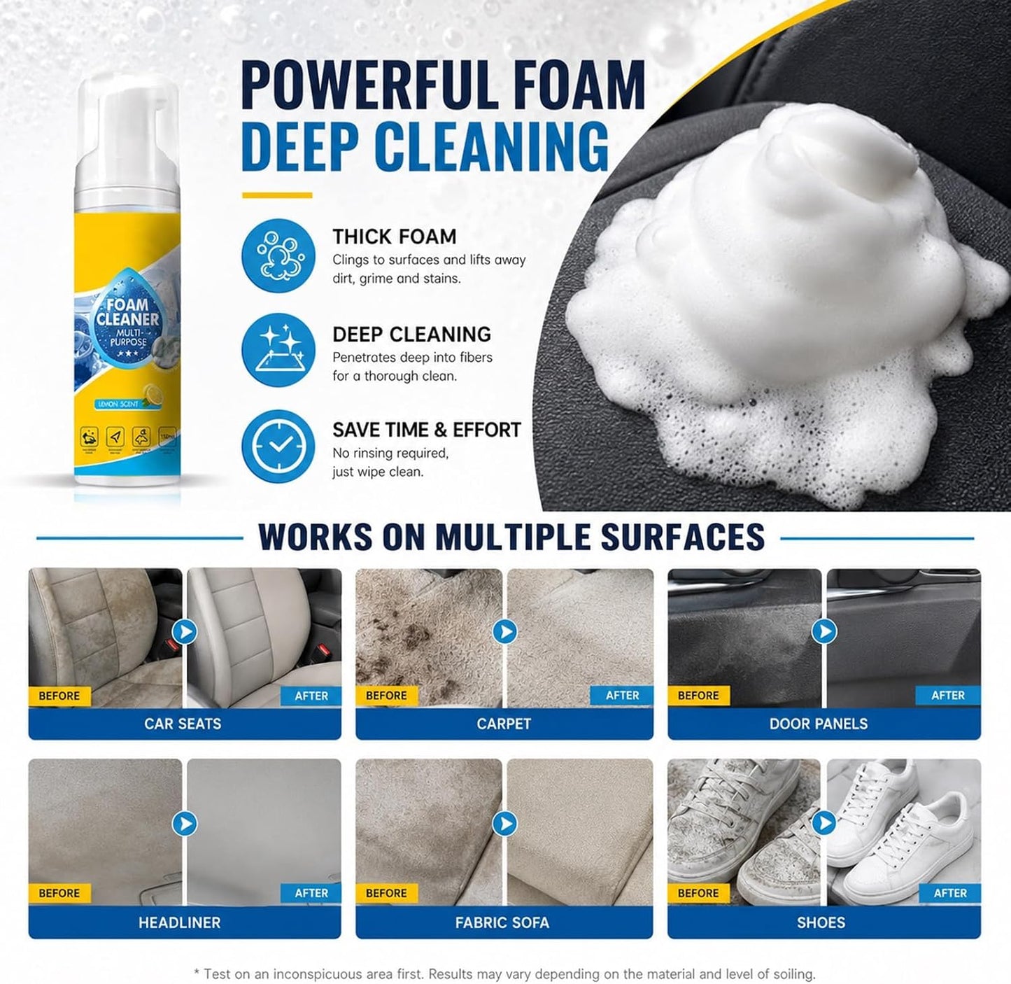 Interior No Rinse Foam Cleaner Premium Car Seat Cleaner Foam Upholstery Cleaner Car Headliner Dry Foam No Rinse Cleaner Leather Fabric Furniture White Shoe Carpet Detailer (Foam Cleaner, 150ml, 2PC)