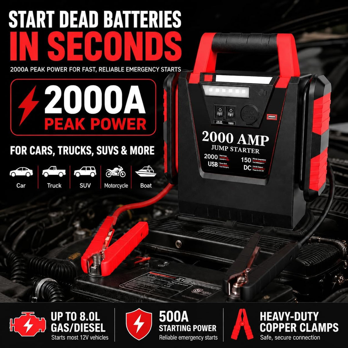 Jump Starter with Air Compressor,2000A Car Battery Jumper Starter 150 PSI Tire Inflator,6 in 1 Auto Lead-Acid Battery Booster Jump Starter for Up to 10.0L Gas or 8.0L Diesel with LED Light