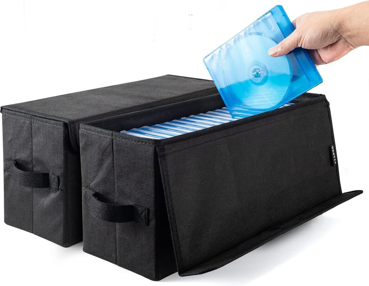 UENTIP DVD Storage Boxes-Pack of 2 DVD CD Case Storage, For Car Home Travel | DVD Holder, 17.25"x6.25"x8", Foldable Container with Lid, Holds 40 Full Jewel Case DVDs, 80 Slim Case DVDs, 200 Sleeved Discs