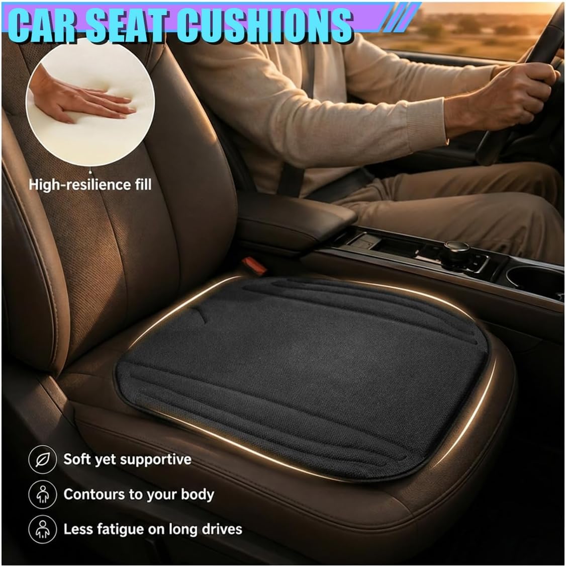 Car Seat Cushion Pad, Comfort Breathable Automotive Seat Protector with Non Slip Bottom, Universal Vehicle Interior Pressure Relief Mat for Car, Office, Home (Black)