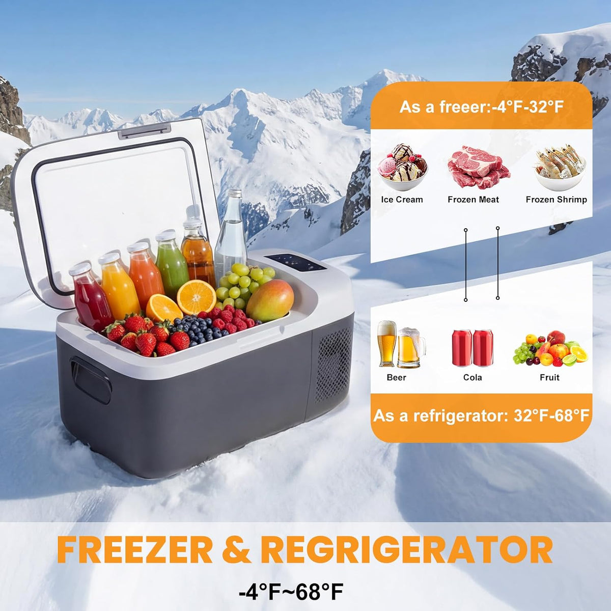 NEWBULIG 12 Volt Car Refrigerator, 17QT Single-Zone Electric Cooler for Vehicles, 12/24V DC &amp; 100-240V AC, -4℉-68℉ Freezer, Bluetooth Control, Battery Protection &amp; Child Lock for Travel, Camping