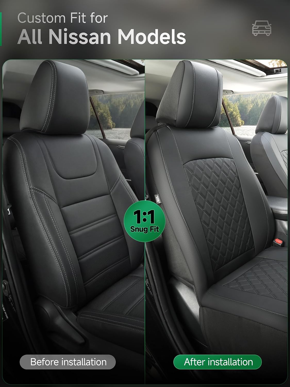 GIANT PANDA Front Seat Covers for Nissan Rogue Altima Sentra Versa Kicks Murano Pathfinder Maxima,Faux Leather Bucket Seat Cover Fit Nissan Seat Protectors (Black Diamond) 2-Pack