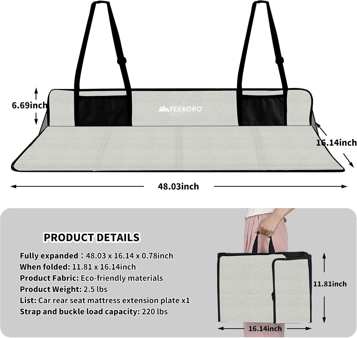 Car Rear Seat Mattress Extension Plate, Foldable Car Back Seat Extender，Portable Mattress for Sleeping, Increase Travel Trunk Space and Car Bed Camping Space for Cars, SUV, Model Y/3（Grey）