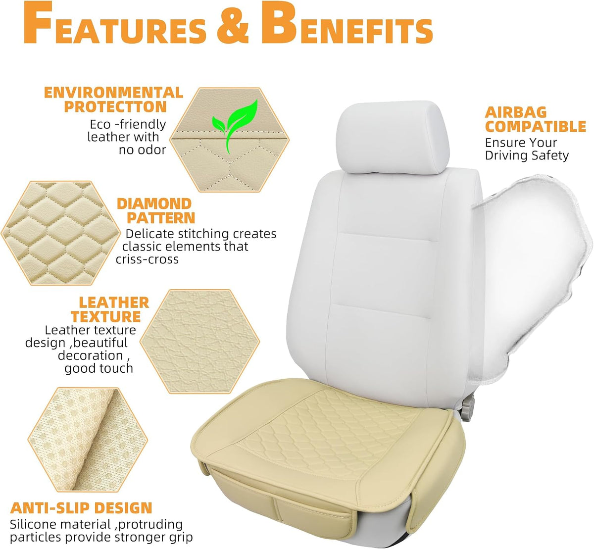Elantrip 2 Pcs Faux Leather Beige Car Seat Covers with Padded Comfort and Storage Pockets Waterproof, Anti-Slip, Full Wrap Protection - Premium Interior Protectors for Cars, Trucks, SUVs