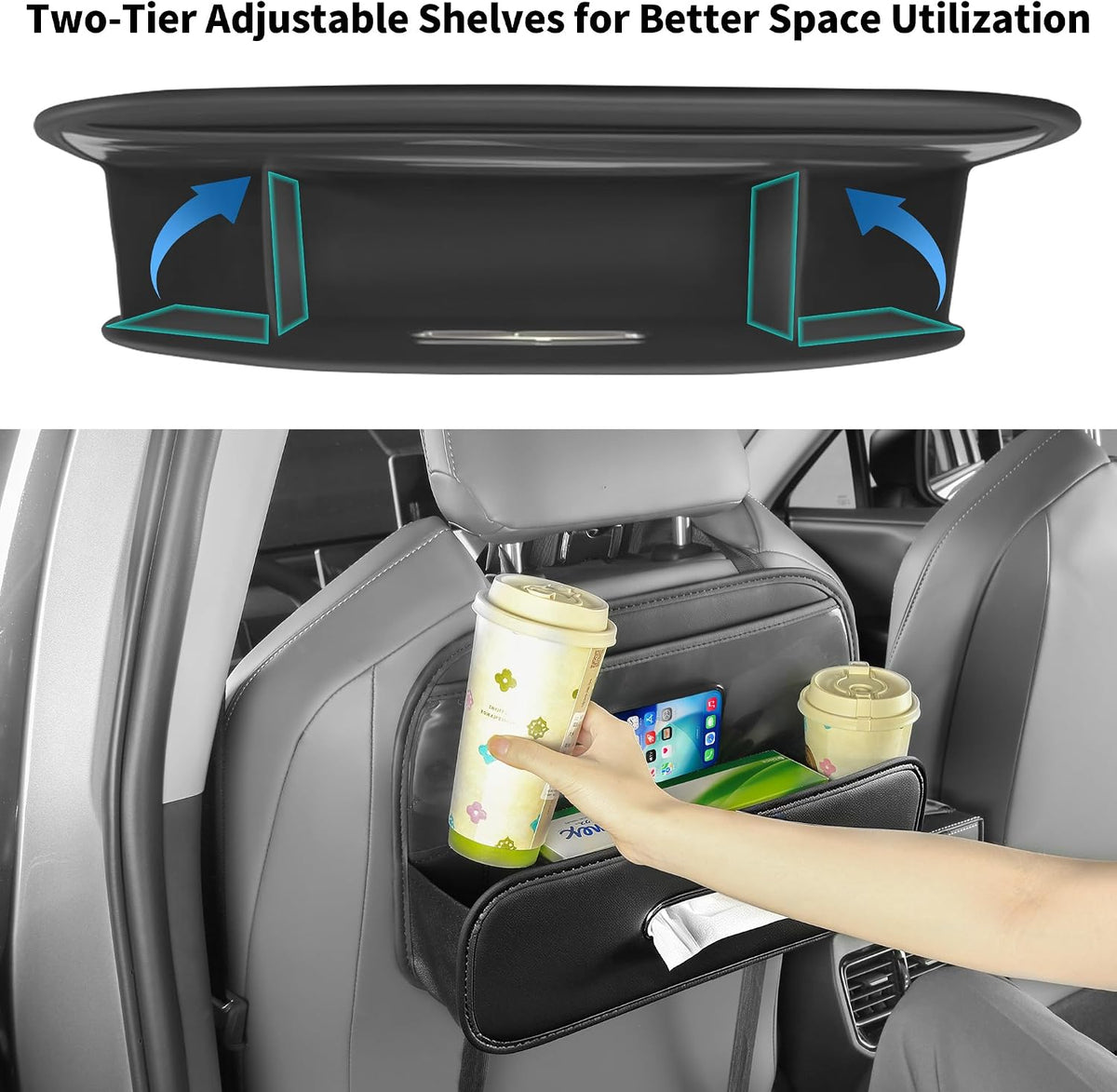 Back Seat Car Organizer with Tissue Holder and 2 Pack Cup Holders