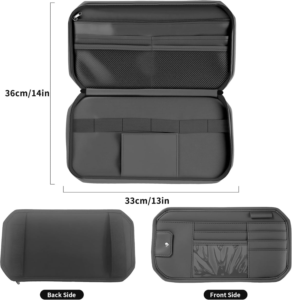 Car Sun Visor Organizer with Multi Pockets PU Leather Zipper Bag