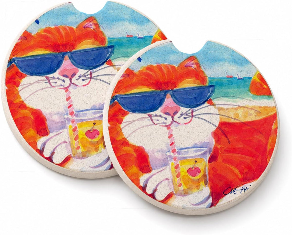 Caroline's Treasures 6118CARC Cool Cat with Sunglasses at The Beach Set of 2 Cup Holder Car Coasters Absorbent Sandstone Coasters for Car Cup Holders Gifts for Men or Women, Large, Multicolor