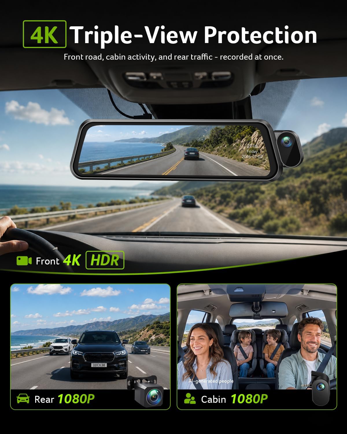 Acer Gadget 3 Channel 4K Rear View Mirror Camera, Mirror Dash Cam for Cars