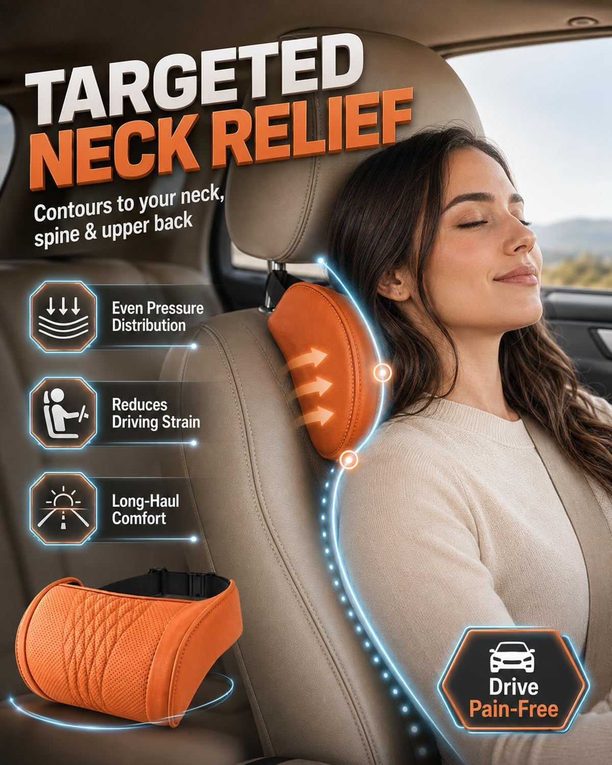 Universal Memory Foam Car Headrest Neck Pillow, Car Neck Pillow (Orange)