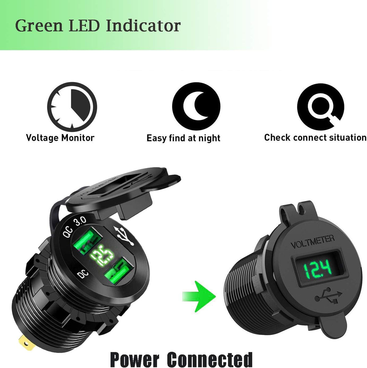 Quick Charge 3.0 Dual USB Car Charger Socket 12V/24V 36W QC3.0 Dual USB Fast Charger Aluminum Socket Power Outlet with LED Voltmeter for Marine, Boat, Motorcycle (Green)