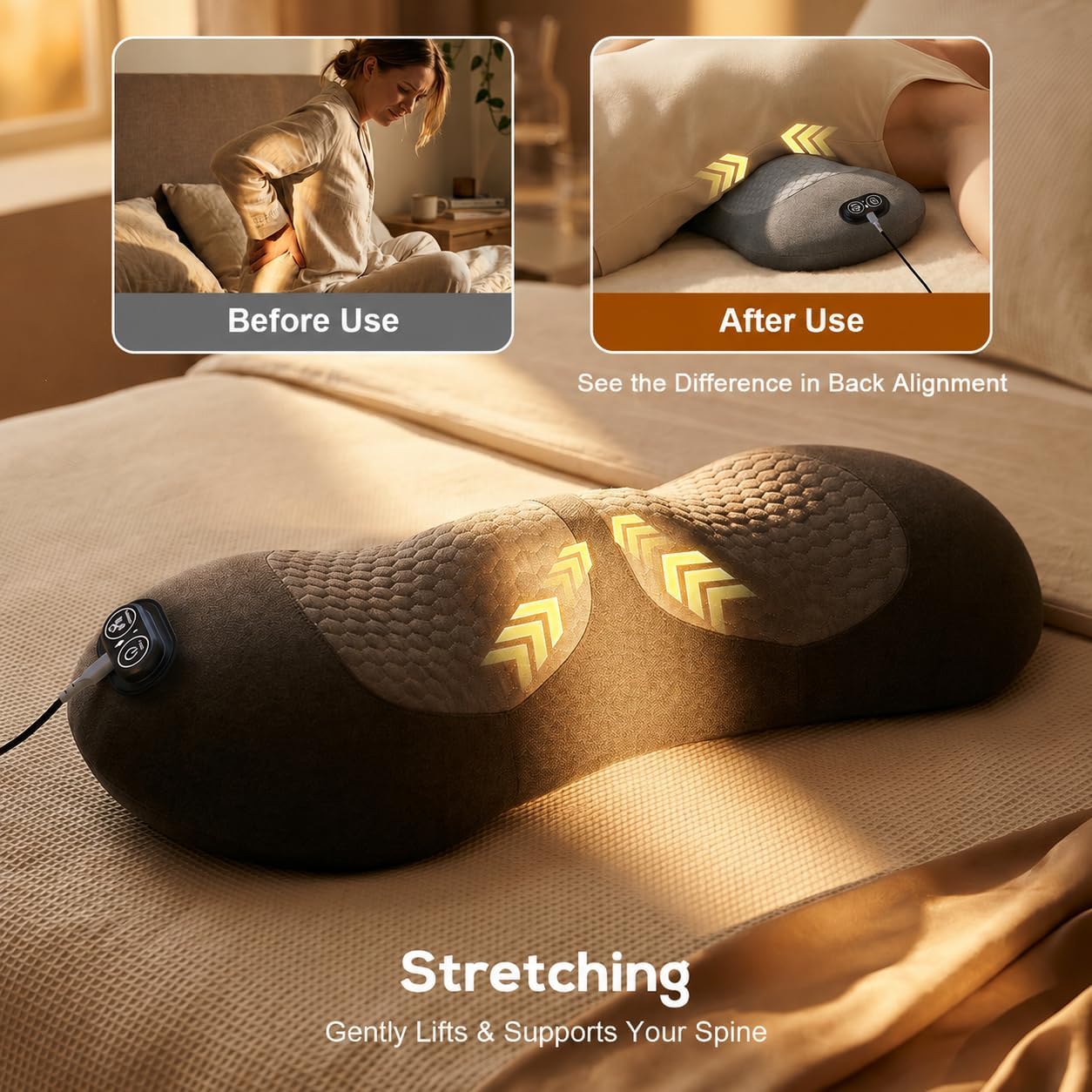 2026 Upgraded 3-in-1 Lumbar Support Pillow with Heat, Vibration & Stretching, Ergonomic Electric Lumbar Pillow with 3D Eye Mask, Portable Lower Back Support Cushion for Home, Office, Car & Travel