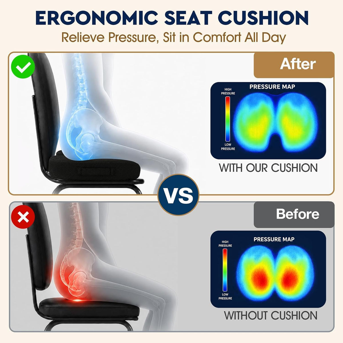 TushGuard Office/ Car Seat Cushion, Non-Slip Sciatica & Back Coccyx Tailbone Pain Relief Chair Pad, Memory Foam Butt Pillow for Computer Desk, Wheelchair, Driving (Black)
