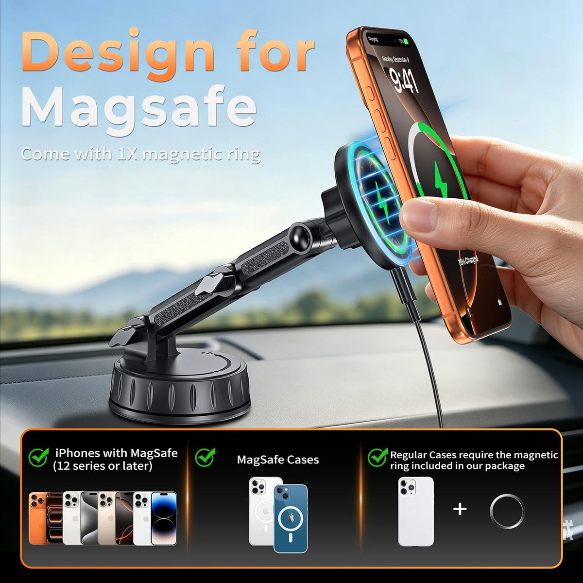 for MagSafe Car Mount Charger, Strong Magnetic Phone Holder for Your Car