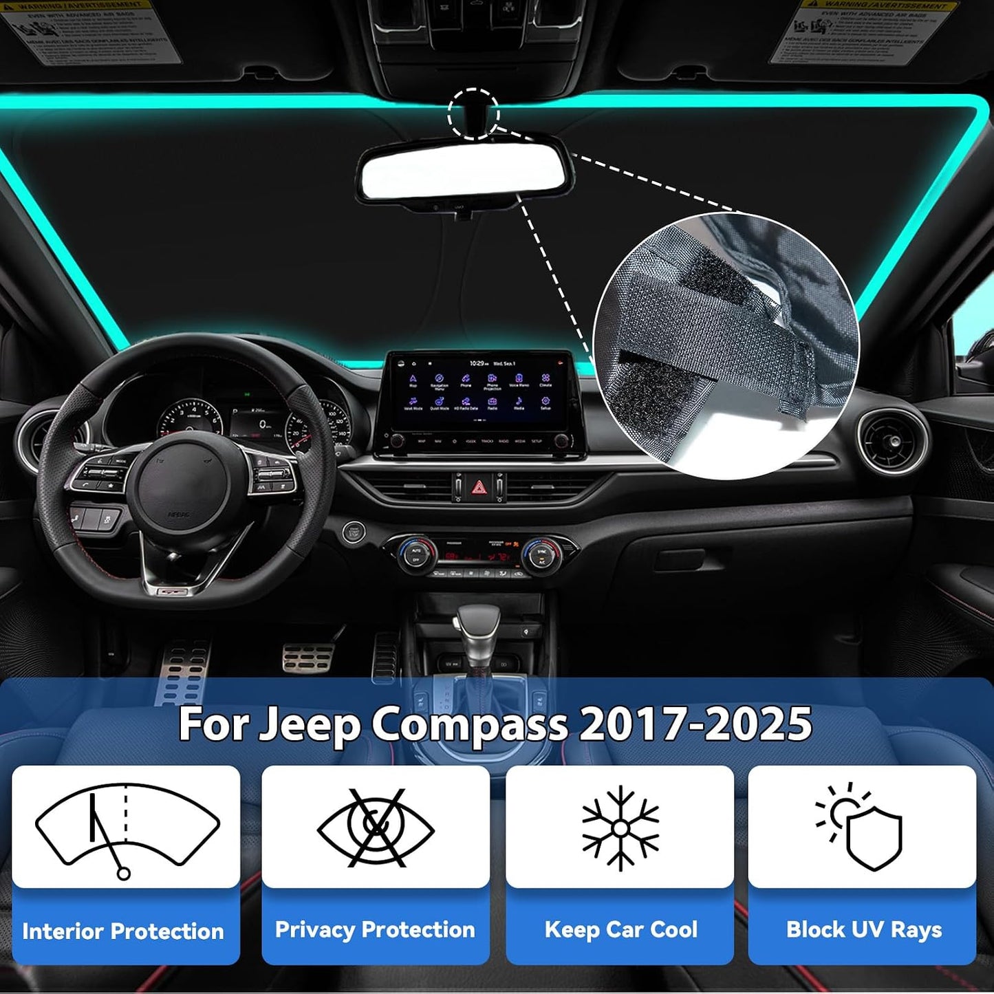 Windshield Sun Shade for Jeep Compass 2017-2025 | Car Front Window Sunshade with 240T Sun Visor Protector Blocks UV Rays Heat Sun Shield Accessories