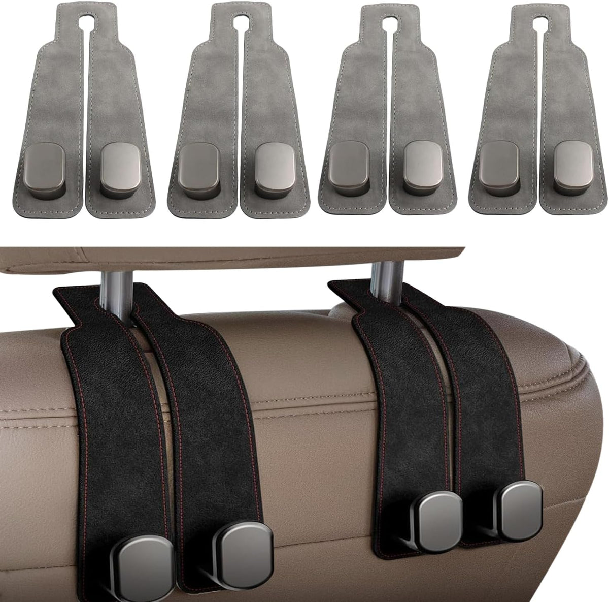 Headrest Hooks - Car Seat Back Double Hook Leather, Purses Hooks (4-Grey)