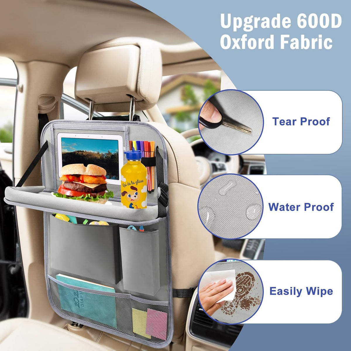 2Pack Car Backseat Organizer with Foldable Table Tray Grey