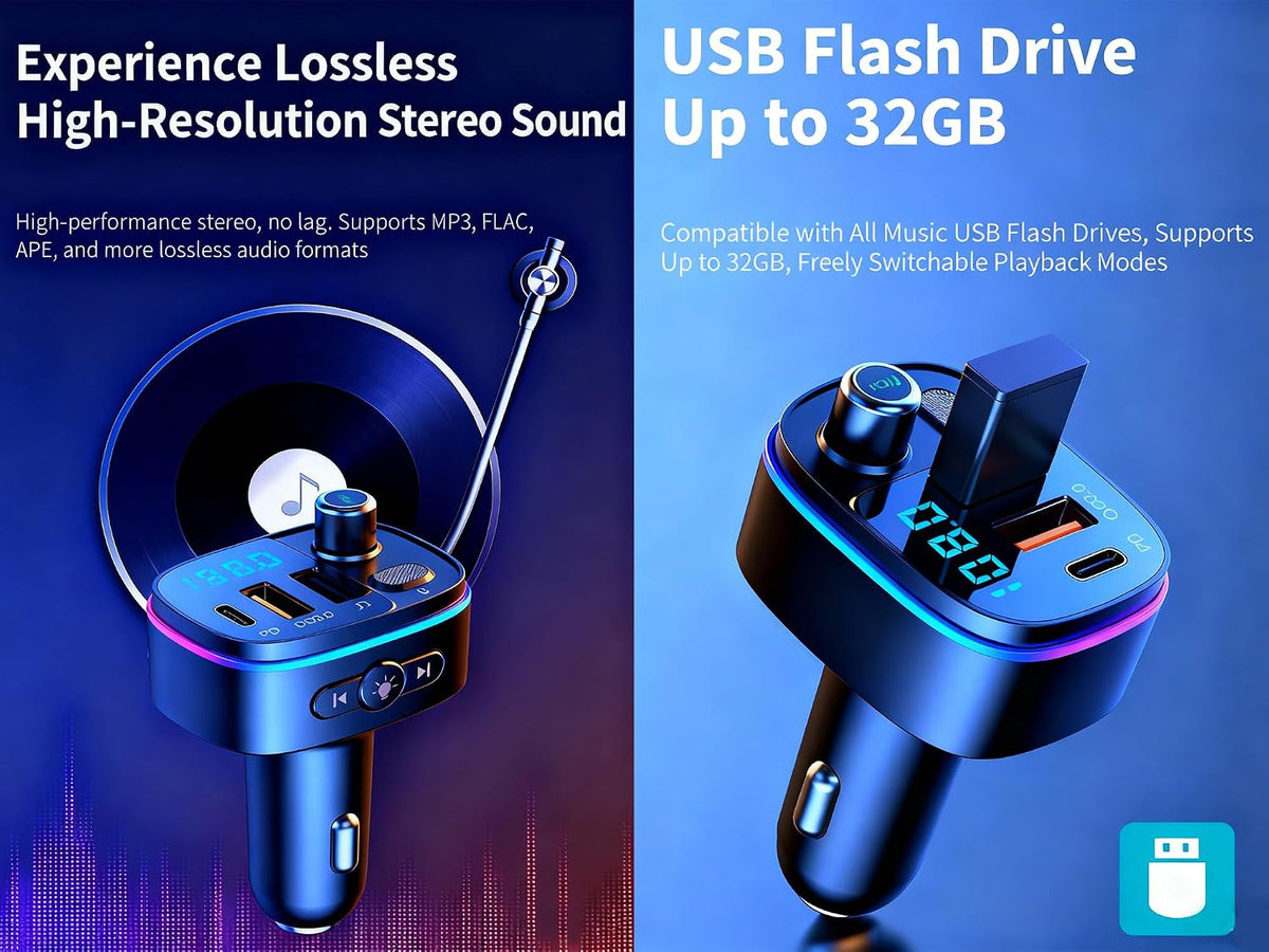 TISONNY Bluetooth FM Transmitter for Car, with Dual Fast Charging (QC3.0 & PD 20W), Qualcomm 5.0 Chip, Hands-Free Calling, Support USB/TF Card Playback, Plug and Play for All Cars