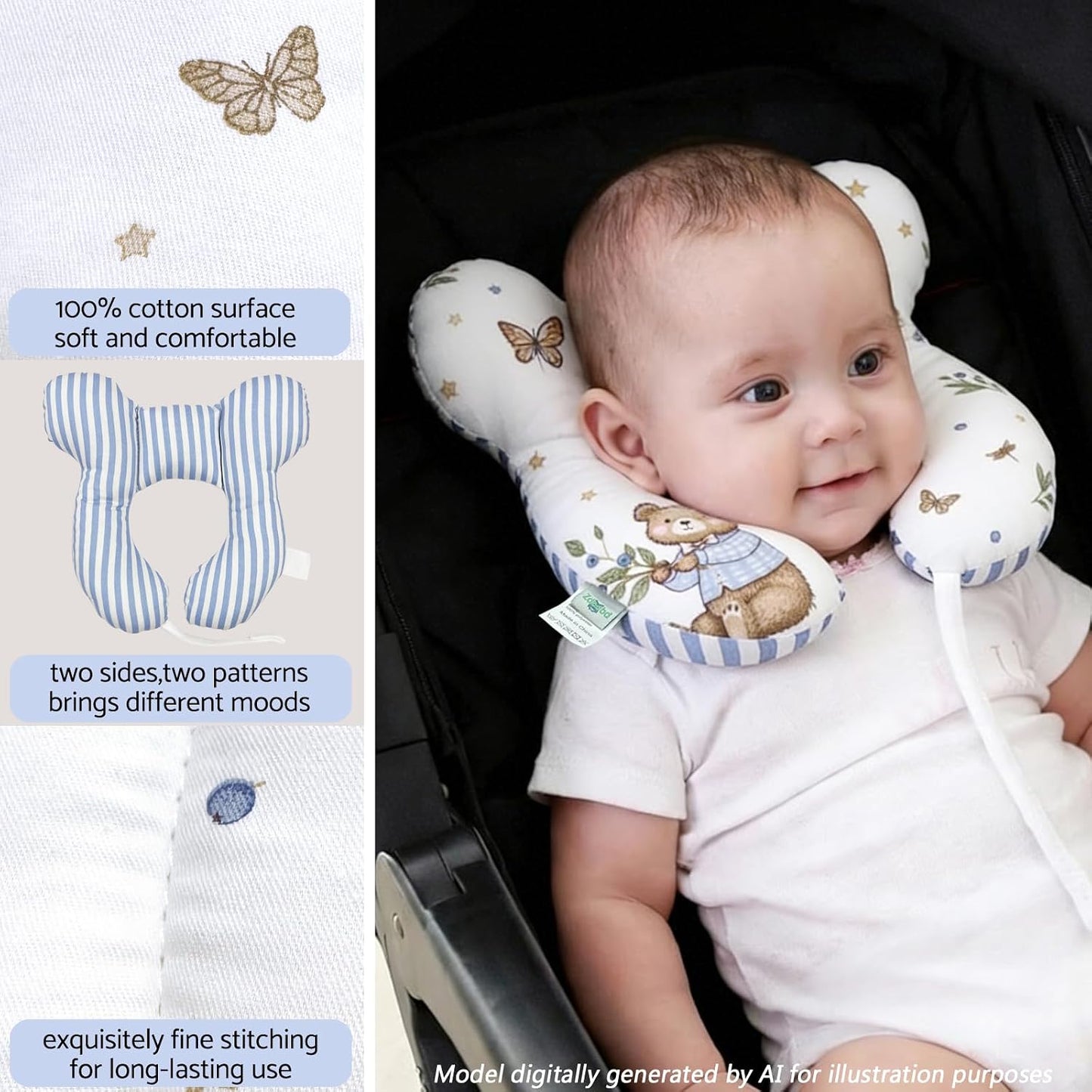 Baby Neck Pillow, U-Shape Pillow for Car Seat and Stroller, Lightweight Comfort Pillow for Babies and Toddlers (Berry Bear)
