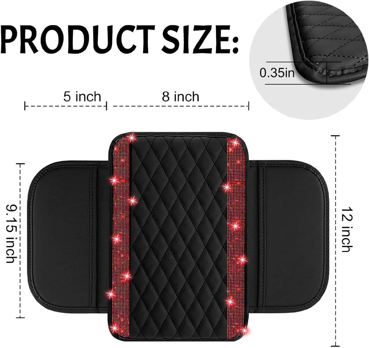 NBTEPEM Bling Car Center Console Cover, Leather Car Arm Rest Cover Cushion with 2 Storage Bags, Middle Console Cover Universal Armrest Protector Pads, Bling Accessories for Most Vehicles (Red)