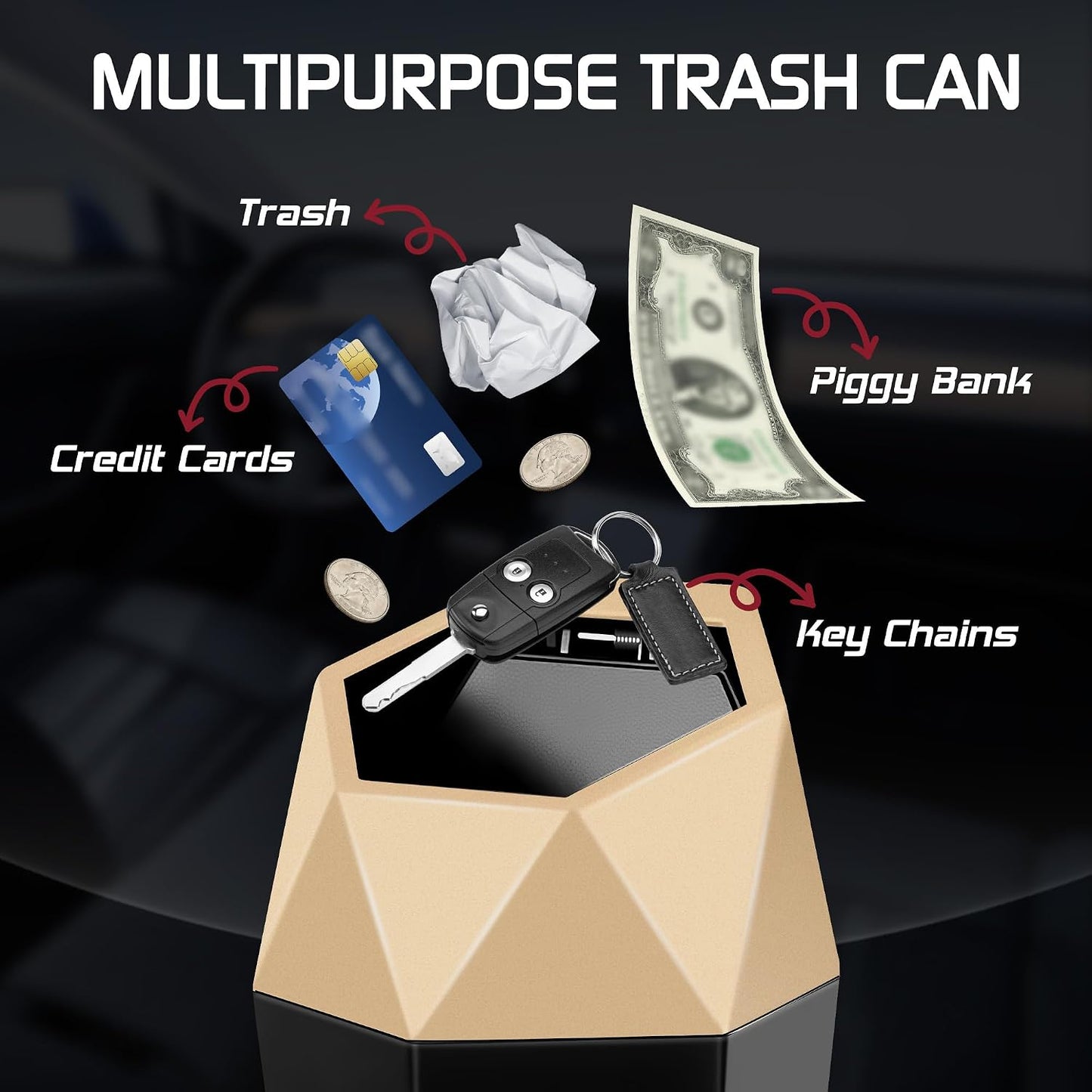 Car Trash Can with Lid, Mini Car Trash Cup with 30 Additional Trash Bags, Car Accessories for Interior, Leakproof Vehicle Garbage Bin for Car, Home, Office - 2 Packs, Gold