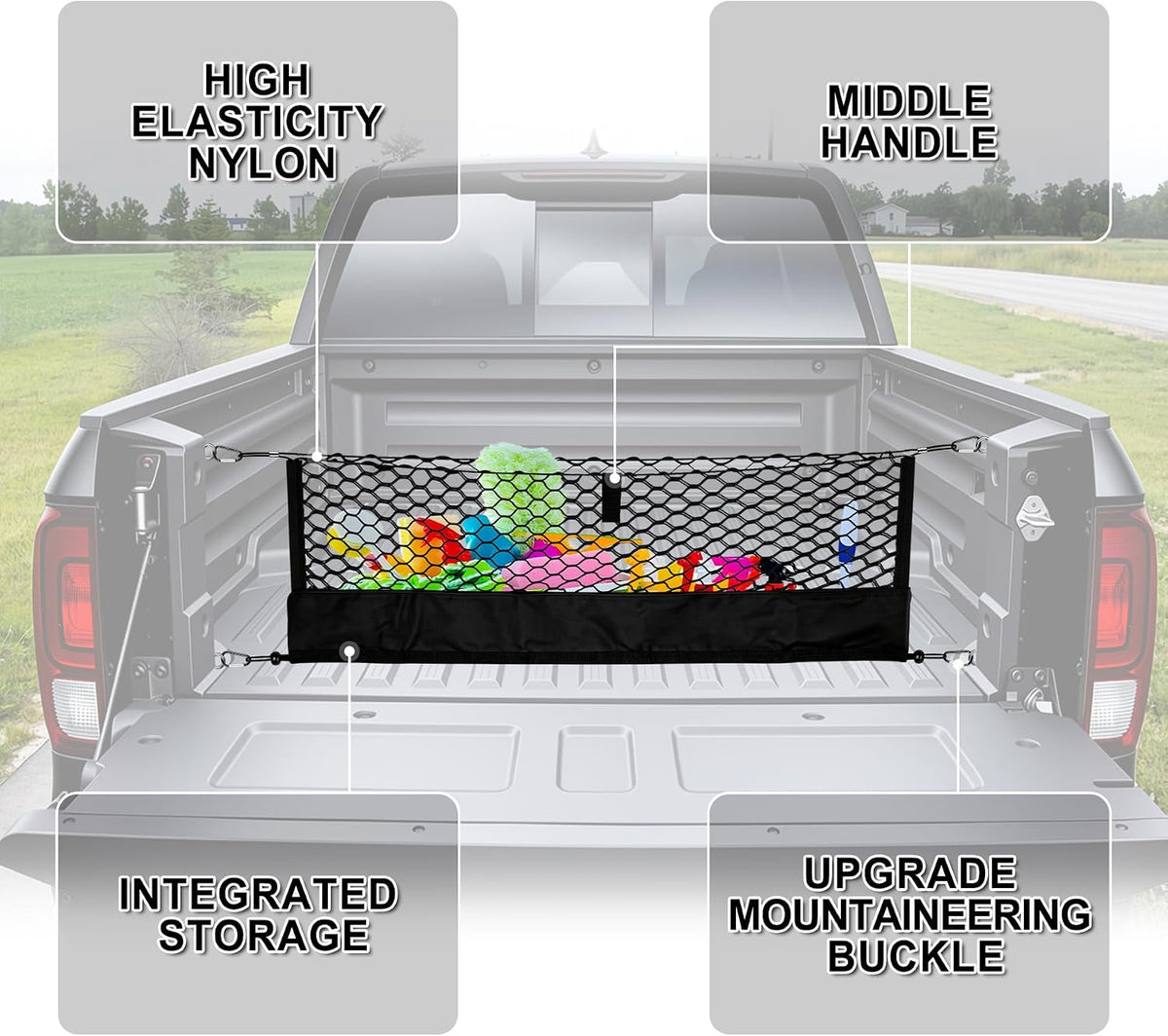 Amiss Truck Bed Cargo Net with Bottom Organizer, Compatible with 2024 2025 2026 Chevy Traverse, Portable Storage for Pickup Cargo and Heavy Duty Hook, Exterior Accessories for Car SUV Truck