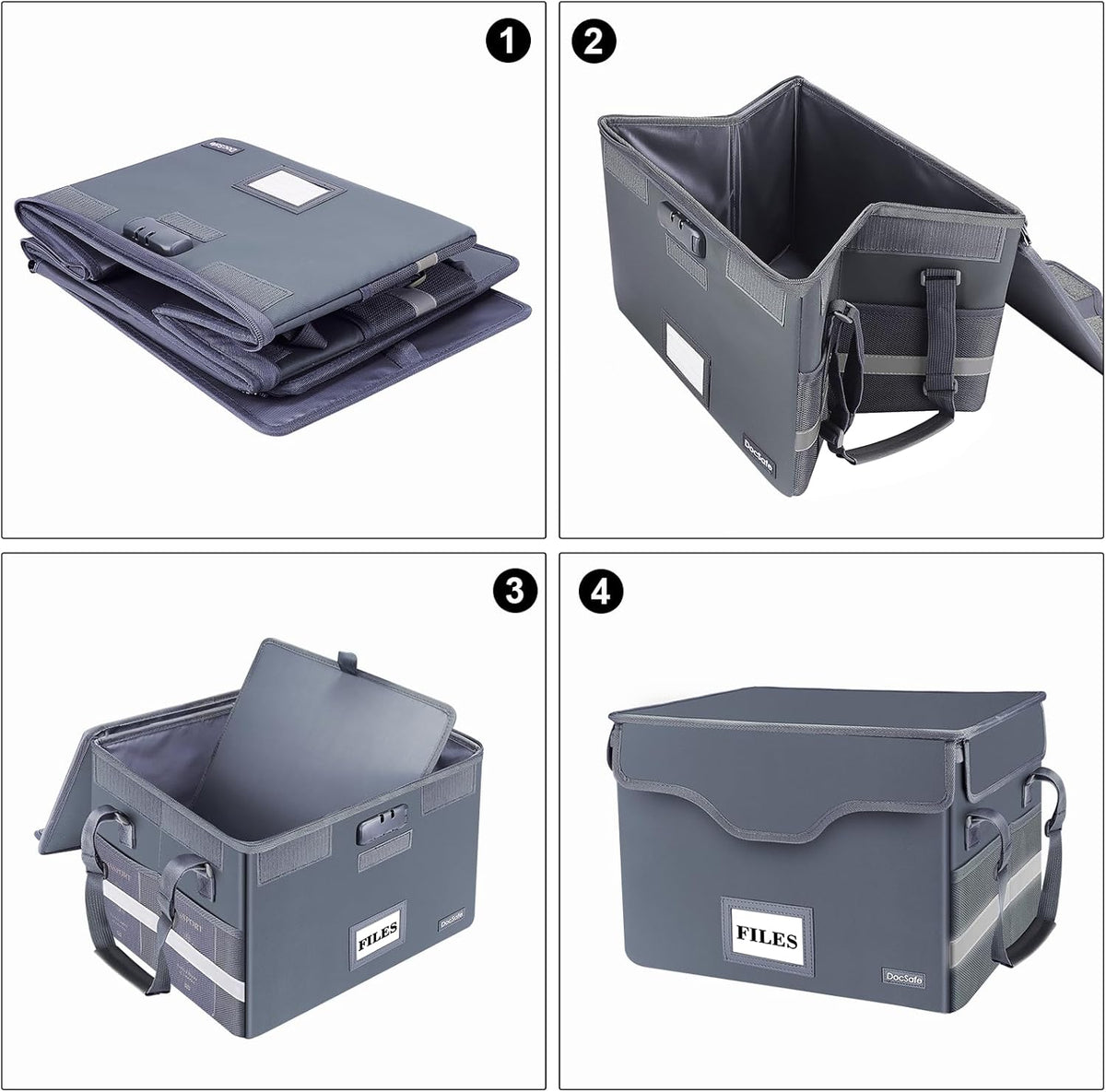 DocSafe Fireproof Document Box with Lock,File Storage Organizer with Zipper Pockets,Collapsible Portable File Box Home Office Safe Filing Cabinet with Handle for Hanging Letter/Legal Folders,Gray