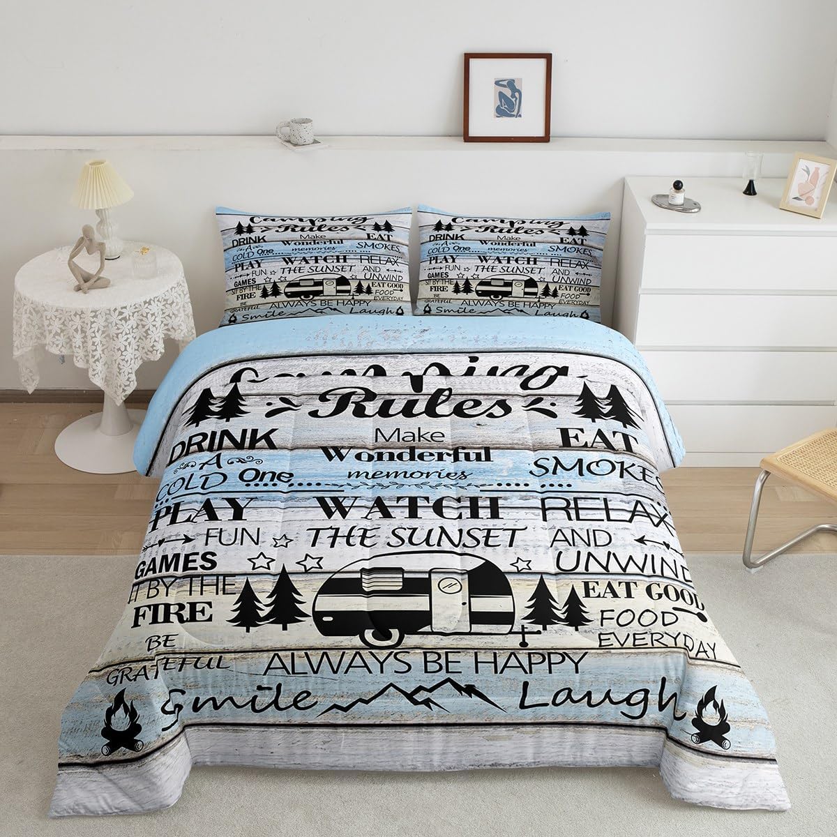 Manfei Rustic Adventure Camper Kids Comforter Set Twin Size,Happy Camping Cabin Lake House Bedding Set,Girls Boys Room Decor,Cottage Wooden Door Quilt Comforter,Country Duvet Insert,1 Pillowcase