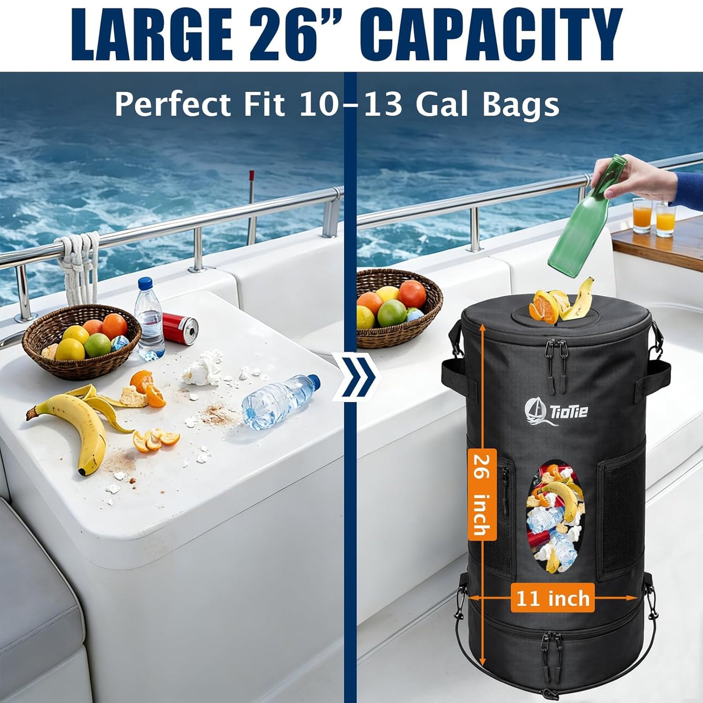 Boat Trash Can with 5.5in PVC Cross Opening, Large 26" Marine Garbage Bag for Pontoon, Fishing &amp; Kayak Boats, 1680D Waterproof/Windproof Boat Trash Bag with Storage Pockets (Black)