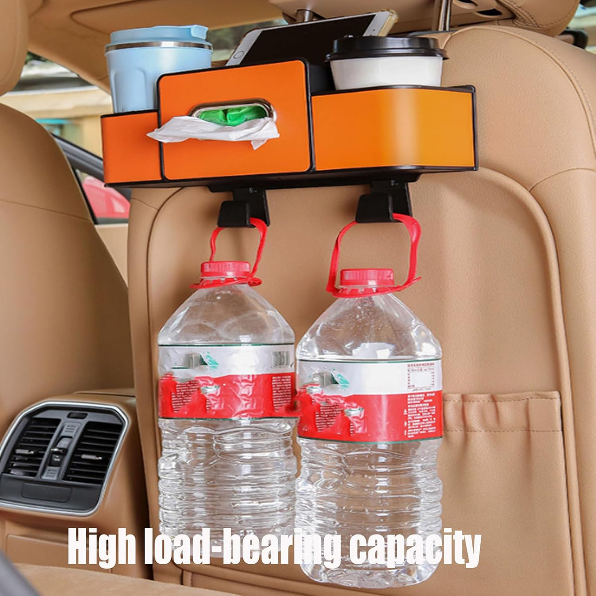 3 in 1 Car Backseat Organizer with Cup Holder, Leather Multifunctional Seat Back Storage with Tissue Box, Phone Holder and Hooks, for Hold Phones, Snacks, Drinks, and Handbags (Brown,1PCS)